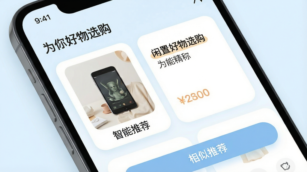 主体:手机屏幕展示“闲置好物选购”APP的智能推荐页面。布局:屏幕左侧为商品图片,右侧为商品名称与价格,底部有“相似推荐”按钮。排版:卡片式设计,圆角边框,商品信息清晰易读。风格:清新简约,背景为淡蓝色。细节:商品图片下方有“智能推荐”标签,屏幕顶部有“为你精选”字样,整体风格统一。画质:高清,色彩柔和,无多余元素。