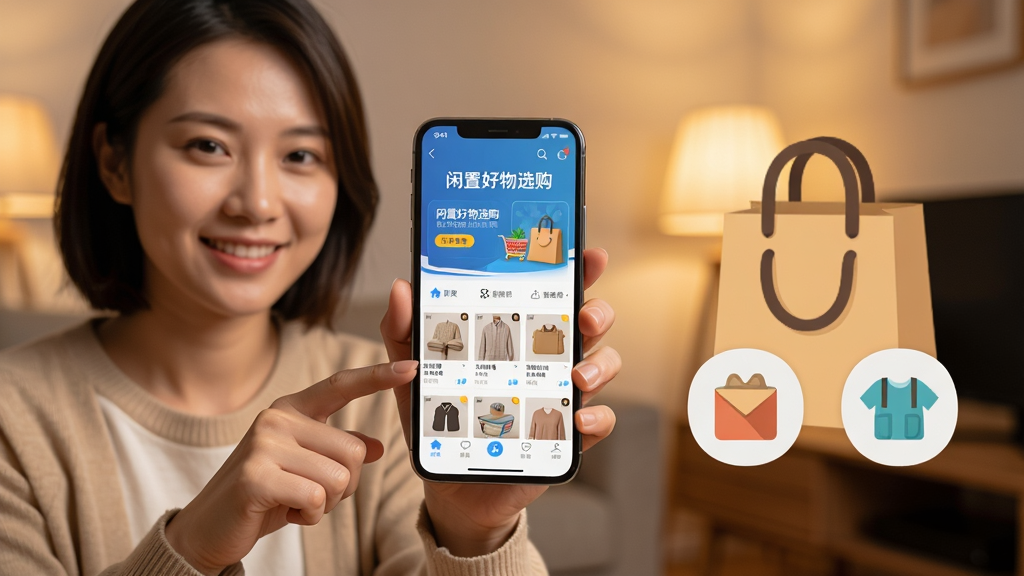 主体:用户手持手机操作“闲置好物选购”APP。布局:人物位于画面左侧,手机屏幕正对镜头,右侧为购物袋与闲置物品图标。排版:人物动作自然,屏幕内容清晰可见。风格:生活化场景,背景为室内暖光。细节:手机屏幕上显示“闲置好物选购”主界面,人物面带微笑。画质:高清,光线柔和,无多余元素。