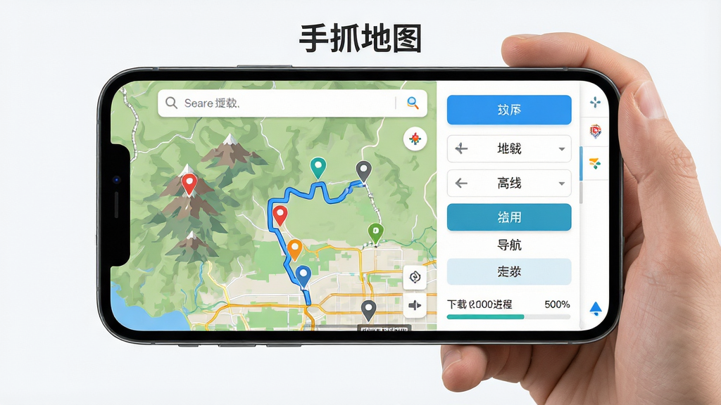 主体:手抓地图应用界面,展示离线地图下载与导航功能,屏幕上有“手抓地图”字样和山脉、道路、标记点。布局:手机居中,界面清晰,左侧为地图视图,右侧为功能按钮列表,下方有下载进度条。排版:界面简洁,图标和文字标签整齐排列,地图色彩自然。风格:现代扁平化设计,色彩明亮,突出实用性与科技感。细节:地图上显示多个兴趣点标记,有蓝色路线线条,顶部搜索框,底部导航栏。画质:高清渲染,干净无多余元素,画质精细。