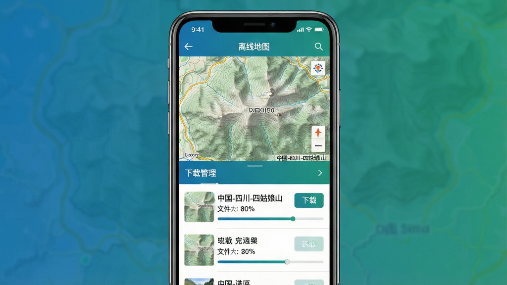 主体:手抓地图软件离线地图下载界面,手机屏幕上显示“离线地图”页面,有“中国-四川-四姑娘山”下载列表,下载进度条为80%。布局:手机居中,界面分为上下两部分,上部分为地图预览,下部分为下载管理列表。排版:列表条目清晰,有下载按钮和进度指示,色彩以蓝绿为主。风格:简洁商务风,信息展示直观。细节:地图预览中有等高线地形,下载条目有文件大小和完成度百分比。画质:高清,干净无多余元素。