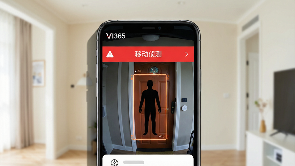 主体:手机屏幕显示VI365的智能告警通知界面,背景是家庭门口摄像头画面。布局:手机在画面中央,屏幕上显示红色告警条和“移动侦测”字样。排版:画面中有人形轮廓被高亮框选,左上角有“VI365”标识。风格:科技感,现代,色彩鲜明。细节:手机边缘有投影,背景为浅色室内环境。画质:高清,干净,无多余元素。