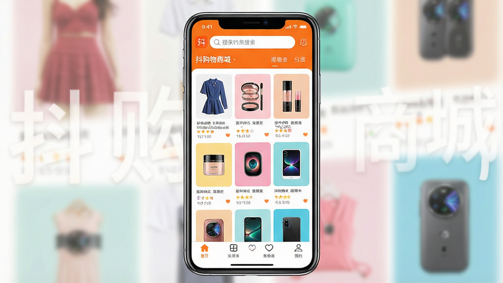 一张展示抖购物商城手机应用界面的高清宣传图,主体是智能手机屏幕中呈现的商城首页,顶部搜索栏,中间为商品瀑布流,包含服饰、美妆、数码等彩色商品卡片,下方有导航栏,整体布局清晰,风格现代简约,以橙色和白色为主色调,画面干净明亮,突出“抖购物商城”品牌标识,细节丰富,画质高清,无多余元素