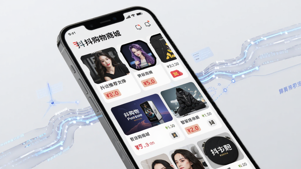 展示抖购物商城智能推荐功能的界面截图,主体为手机屏幕,屏幕中显示多行商品推荐卡片,每张卡片包含商品图片和价格标签,排列整齐,背景为浅灰色,手机旁边有透明数据流动线条表示算法推荐,整体风格科技感与时尚感结合,突出“抖购物商城”品牌名,画质清晰,干净无多余元素