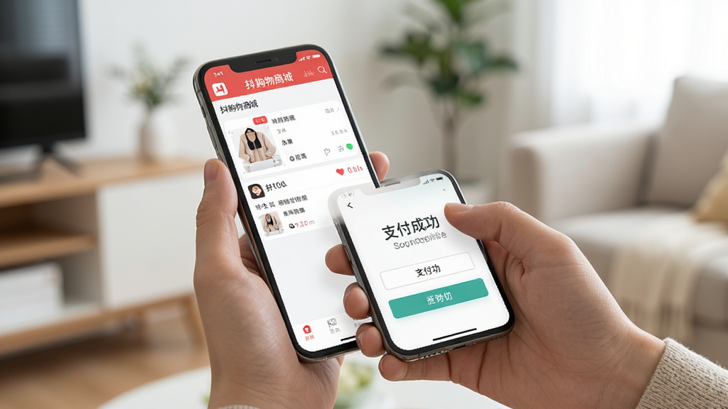 一张展示用户正在使用抖购物商城手机应用进行支付的场景,主体为手持手机的手部特写,屏幕上有商品订单页面和支付成功提示,背景为整洁的室内环境,光线柔和,风格写实,突出“抖购物商城”品牌标识,画质清晰,干净无多余元素