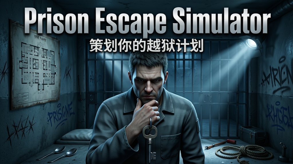主体:《Prison Escape Simulator》游戏主视觉图,一名囚犯在昏暗的牢房中低头沉思,墙上挂着一幅监狱平面图。布局:画面中央为囚犯半身像,背景是铁栅栏和探照灯的光束,地面散落着勺子、绳子等越狱工具。排版:以游戏LOGO“Prison Escape Simulator”为标题置于画面上方,下方配以副标题“策划你的越狱计划”。风格:写实3D渲染,电影感光影,冷色调为主,突出紧张氛围。细节:囚犯面部表情坚毅,手中握着一把自制钥匙,墙面有划痕和涂鸦。画质:4K超清,细节丰富,画面干净,无多余元素。