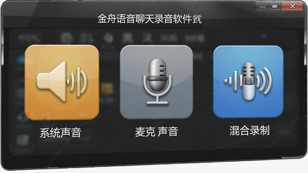 金舟语音聊天录音软件录音模式选择界面,显示系统声音、麦克风声音、混合录制三个选项图标,界面清晰,图标立体感强,画质精细,背景干净
