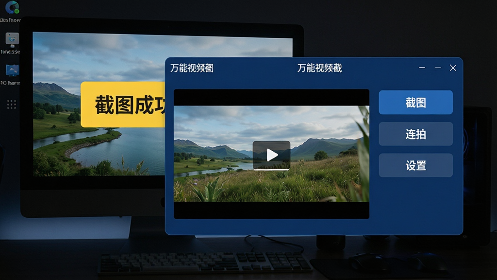画面中央展示一款名为“万能视频截图”的软件主界面,界面风格简洁现代,以深蓝色为主色调,左侧为视频预览区,右侧为功能按钮区,包含“截图”、“连拍”、“设置”等清晰按钮。背景为暗色电脑桌面,有一部正在播放风景纪录片的电脑显示器,屏幕上有醒目的黄色“截图成功”提示框。整体布局规整,排版清爽,风格写实,细节丰富,画质高清干净,无多余元素。