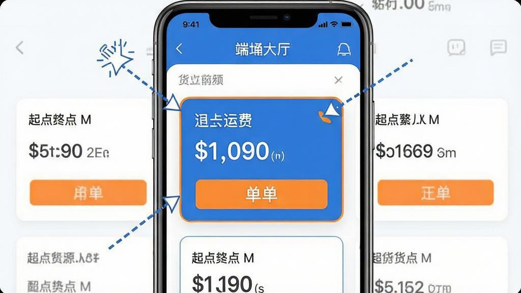 画面主体为货运司机端抢单大厅界面截图,屏幕上显示多个货源卡片,卡片上有起点终点和运费金额,其中一张卡片高亮显示“抢单”按钮。布局采用手机屏幕居中展示,周围有虚线箭头指向卡片表示点击操作,风格扁平化,色彩以蓝色和橙色为主,细节上突出按钮和金额,画质干净清晰,无多余元素。