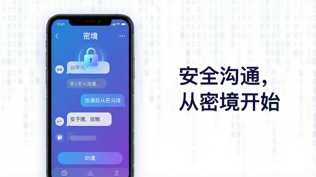 主体:密境APP主界面展示,手机屏幕中显示加密聊天窗口,带有锁形图标与“密境”字样;布局:手机居中偏左,右侧留白放置文字“安全沟通,从密境开始”;排版:界面层次分明,对话气泡与功能按钮错落有致;风格:现代扁平化,蓝紫色渐变主色调,科技感与安全感并存;细节:锁形图标发光,背景隐约可见数字矩阵流动;画质:高清渲染,干净,无多余元素。