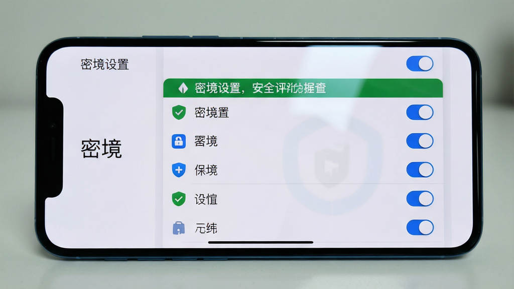 主体:“密境”手机横屏界面,展示设置菜单中的安全选项列表;布局:手机居中,屏幕内容清晰可见,左侧有文字“密境设置”,右侧有开关按钮;排版:菜单项排列整齐,图标与文字对齐;风格:清爽的浅色界面,绿色安全提示条;细节:开关按钮为蓝色,屏幕反射微弱光线;画质:干净,无多余元素。