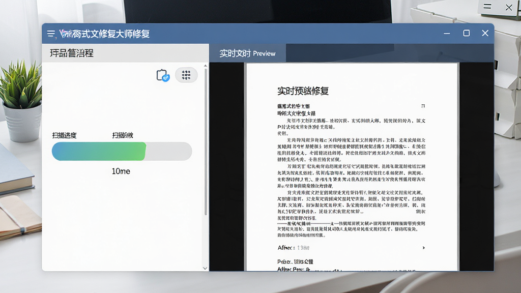 一张展示嗨格式文件修复大师修复文档过程的界面截图,左侧进度条显示扫描进度,右侧实时预览修复后的文档内容,文字清晰可辨,界面风格专业且友好,背景为工作台场景,光线明亮,画质干净无杂物