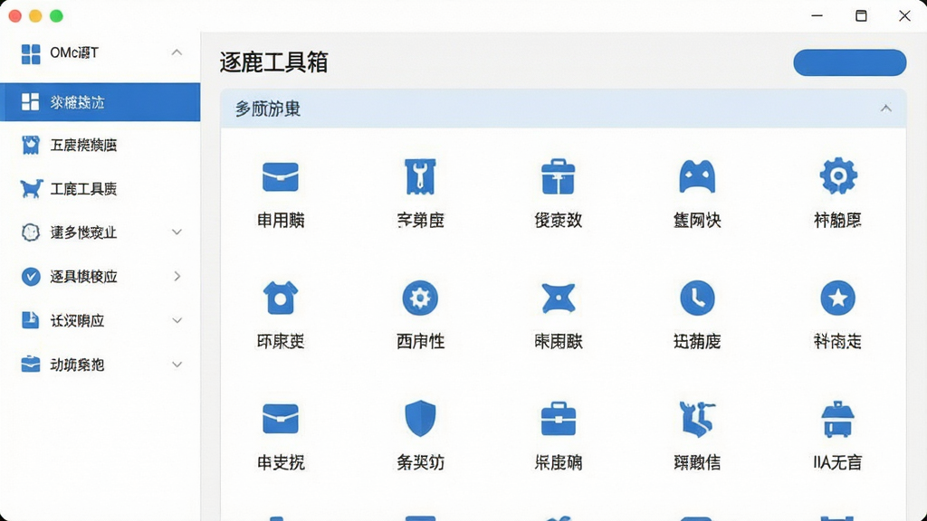 一张展示逐鹿工具箱主界面的高清截图,界面包含左侧功能导航栏,右侧内容展示区,整体风格简约扁平化,主色调为蓝白配色,图标清晰精致,布局整齐有序,画质细腻干净,无多余元素