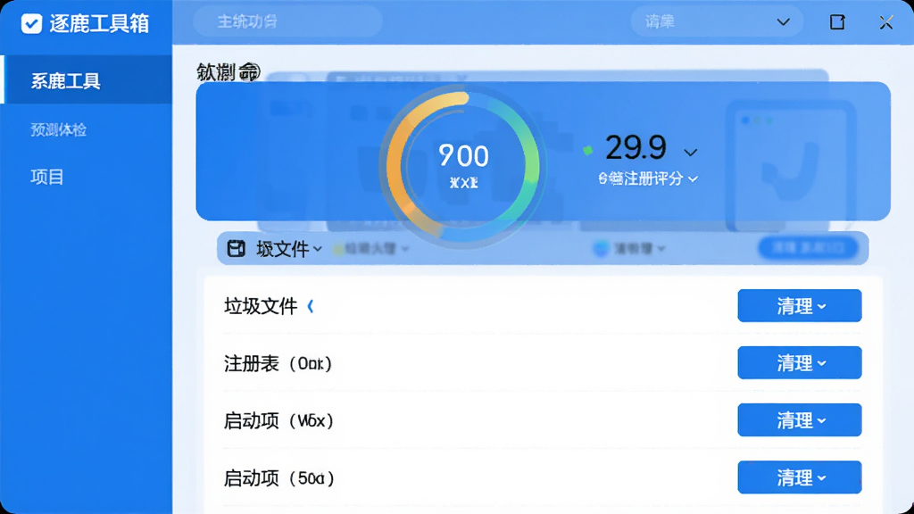 逐鹿工具箱的系统体检功能预览图,界面展示体检评分圆环图,下方列出垃圾文件、注册表、启动项等检测项目,每项带有清理按钮,整体风格清晰直观,蓝白配色,画质干净,无多余元素