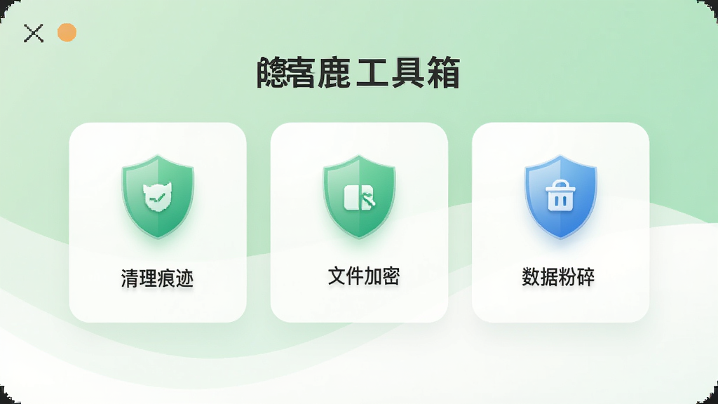 逐鹿工具箱的隐私保护功能界面,展示清理痕迹、文件加密、数据粉碎等模块图标,背景为浅绿色与白色搭配,图标设计安全盾牌样式,整体风格清新安全,画质细腻,无多余元素