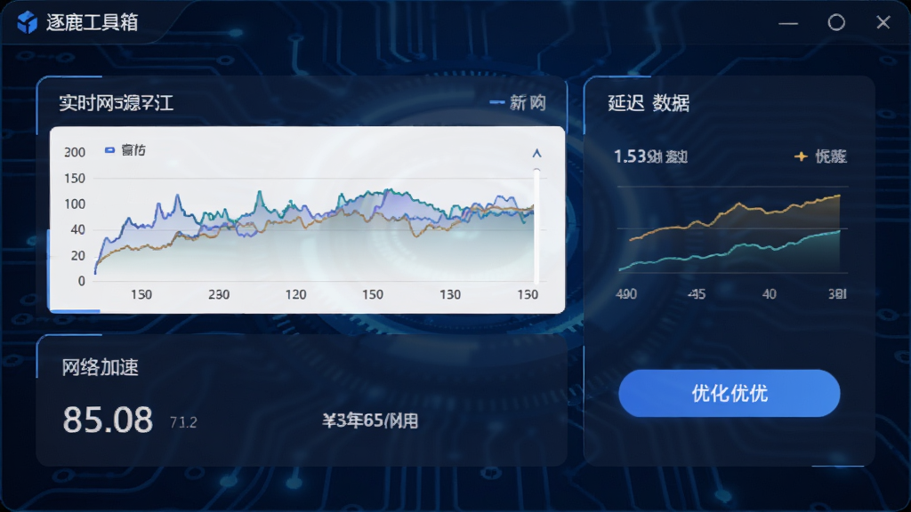 逐鹿工具箱的网络加速功能界面,展示实时网速曲线、延迟数据以及优化按钮,背景为深蓝色科技感风格,数据图表清晰,界面布局合理,画质细腻,无多余元素
