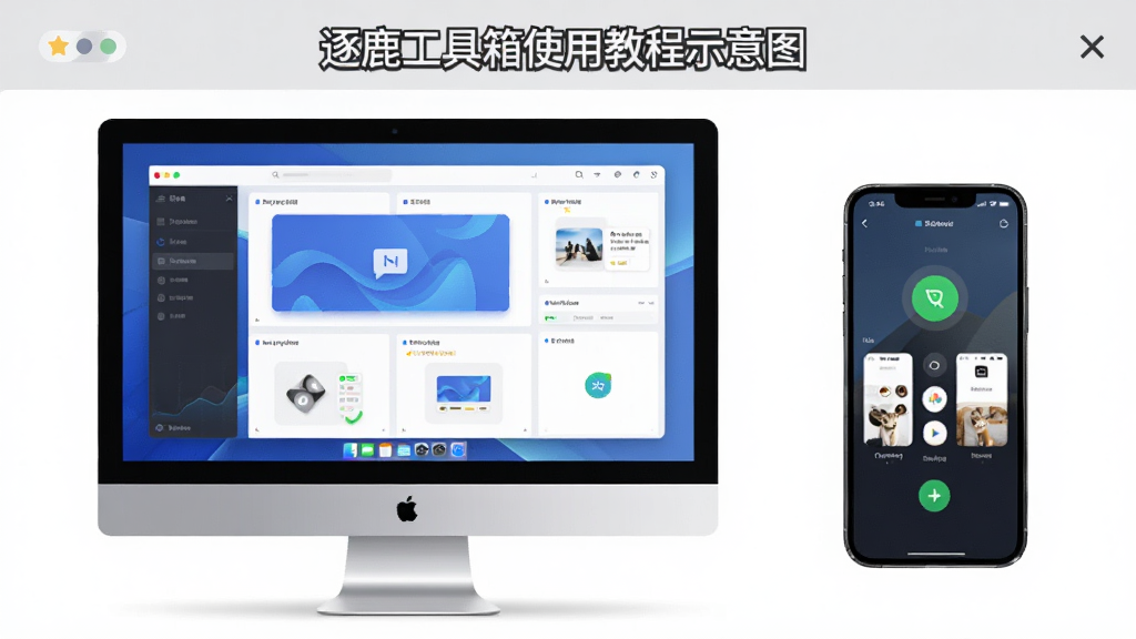 逐鹿工具箱的使用教程示意图,画面展示软件在电脑和手机上的使用场景,电脑屏幕显示主界面,手机展示控制界面,风格现代简洁,画质清晰,无多余元素