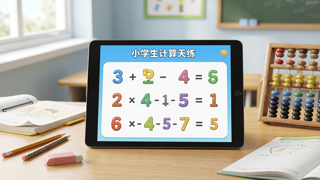画面主体为“小学生计算天天练”软件主界面,展示在平板电脑屏幕上,屏幕上有彩色数字和算术题,周围摆放着铅笔、橡皮、作业本和算盘,背景为明亮的教室一角,光线柔和,布局居中,排版简洁,风格写实清新,细节包括桌面木纹和书本页角,画质高清干净无多余元素