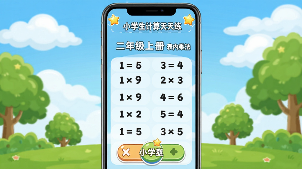主体为“小学生计算天天练”软件在手机上的出题界面,显示“二年级上册 表内乘法”字样,下方排列整齐的乘法算式,背景为蓝天白云和绿树,布局居中,排版清晰,风格卡通可爱,细节包括界面圆角按钮和星星装饰,画质明亮干净无多余元素