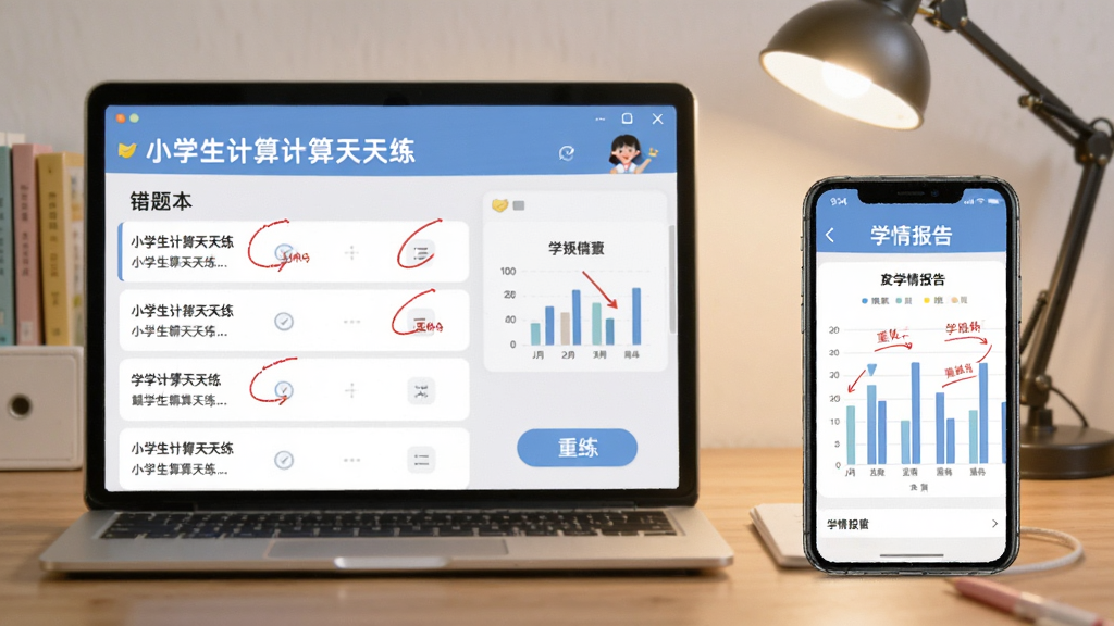 主体为“小学生计算天天练”软件的错题本界面,显示错题列表和“重练”按钮,旁边有家长手机查看学情报告的图表,背景为书桌和台灯,布局左右对称,排版整洁,风格简约现代,细节包括数据柱状图和红色批注,画质清晰干净无多余元素