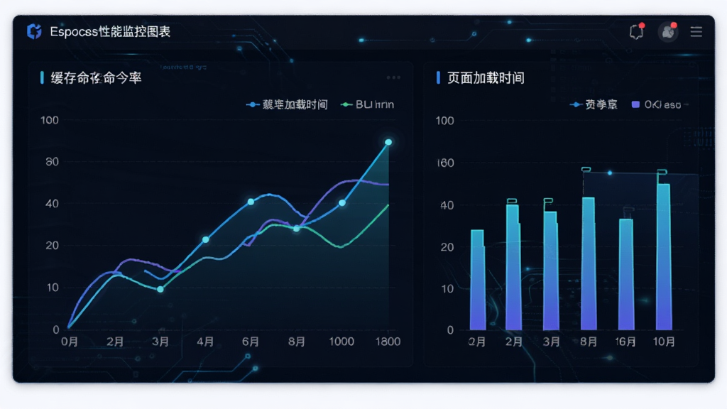 Espcms性能监控图表展示,展示缓存命中率、页面加载时间等数据的折线图与柱状图,界面为深色背景,数据可视化清晰,科技感强,高画质,干净无多余元素