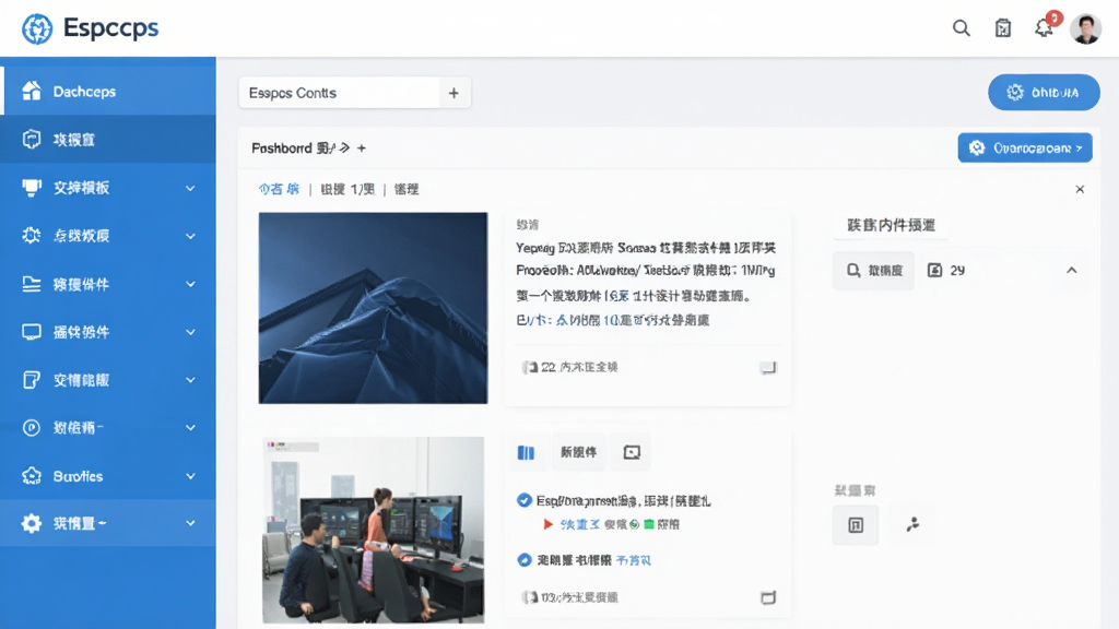 Espcms整体界面预览图,展示后台管理面板的清爽布局,左侧导航栏清晰列出内容、模板、插件等主要功能模块,右侧为内容编辑区域,整体风格简洁现代,以蓝白为主色调,画面干净,无多余元素,高画质