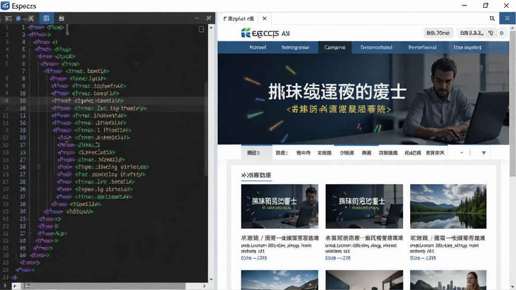 Espcms模板编辑界面截图,左侧为代码编辑器,高亮显示HTML与标签语法,右侧为实时预览窗口,展示网站首页的横幅、导航栏与内容区块,界面专业,布局清晰,高画质,干净无多余元素