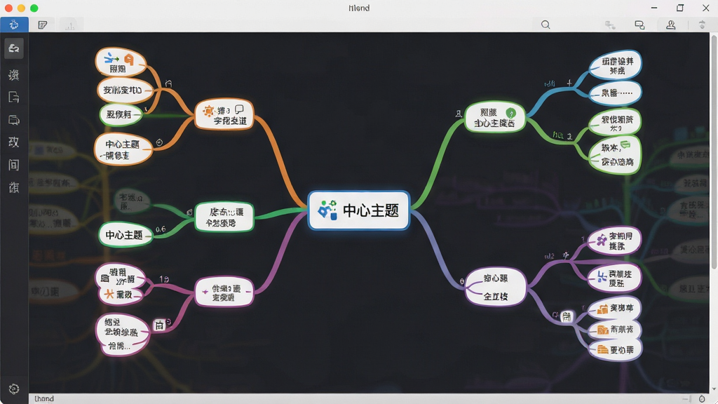 一张思维导图软件的主界面预览图,主体是软件在电脑上运行的界面,中央是一个名为“中心主题”的节点,向四周延伸出多彩的分支线条和子主题,布局清晰,排版规整,风格现代简约,细节上显示节点带有图标和不同颜色的边框,画质清晰,干净,无多余元素