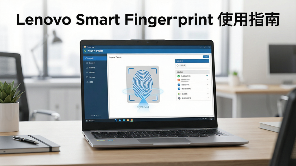 一张使用场景示意图,主体是一台联想笔记本电脑放在办公桌上,屏幕显示指纹管理软件主界面,界面中有指纹录入动画,布局干净整洁,排版专业,风格为现代商务风,细节展示软件功能列表与传感器位置,画质高清干净无多余元素,图片文字标注