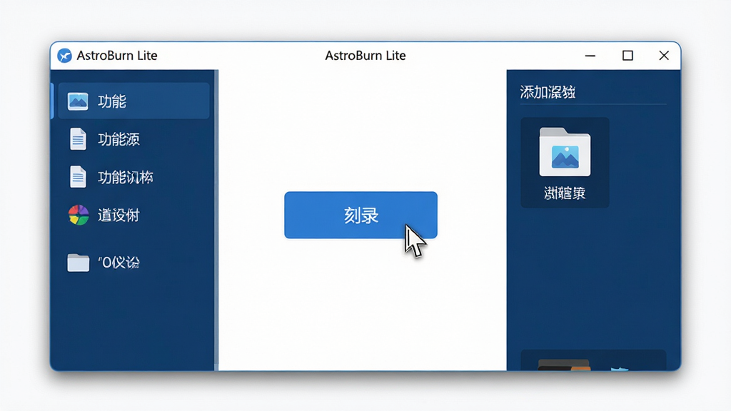 主体:Astroburn Lite 软件主界面在电脑屏幕上显示的清晰预览图,界面简洁明亮。布局:界面中央显示蓝色的“刻录”按钮,左侧为功能选项列表,右侧为文件添加区域,整体布局规整。排版:界面元素排列有序,图标与文字标签清晰可辨。风格:现代扁平化设计风格,色调以深蓝与白色为主,营造专业可靠的氛围。细节:软件窗口边缘有柔和阴影,鼠标指针悬停在“刻录”按钮上,暗示即将开始操作。画质:高清渲染,细节丰富,干净无多余元素。