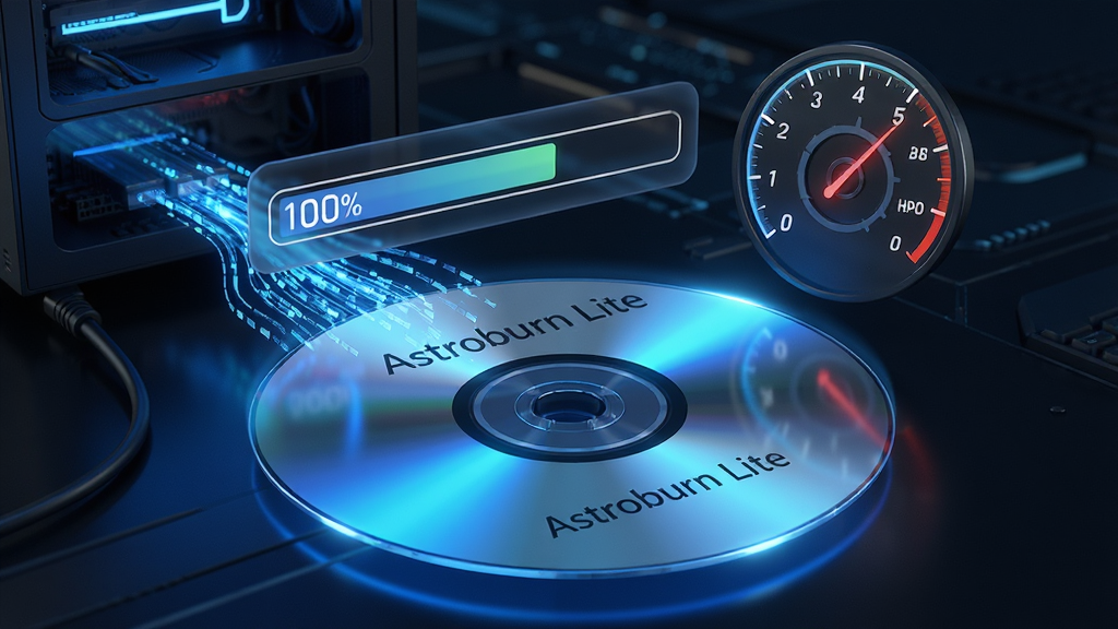 主体:Astroburn Lite 正在高速刻录光盘的3D概念图。布局:前景是一张反射着蓝色光芒的光盘,光盘上方悬浮着虚拟的进度条和速度仪表盘,背景是抽象的科技光效。排版:光盘位于画面中央偏下,数据流从电脑主机方向涌入光盘。风格:科技感强烈的数码艺术风格,光线效果炫丽。细节:光盘表面刻有“Astroburn Lite”字样的水印,进度条显示“100%”,速度仪表盘指针指向高速区域。画质:8K超高清,光影通透,干净无多余元素。