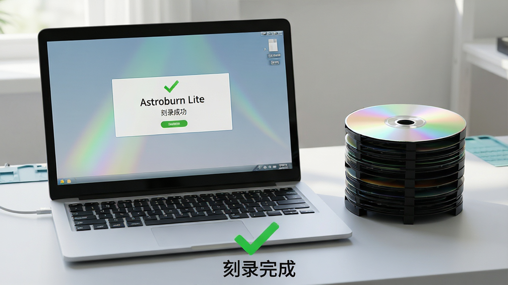 主体:一台笔记本电脑和一叠刻录好的光盘,屏幕上显示Astroburn Lite 刻录完成的成功提示。布局:电脑位于画面左侧,右侧是光盘塔,画面底部有“刻录完成”的绿色对勾图标。排版:主体物居中,背景为干净的浅灰色工作台。风格:写实摄影风格,光线柔和自然。细节:电脑屏幕清晰显示“刻录成功”字样,光盘表面有彩虹光泽。画质:高清,画面纯净,干净无多余元素。