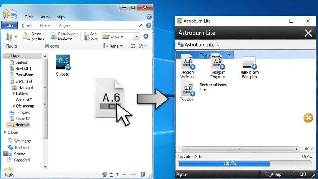 主体:Astroburn Lite 拖拽式添加文件的操作演示图。布局:左侧是Windows资源管理器窗口,右侧是Astroburn Lite 主窗口,一个文件图标正被鼠标从左侧拖向右侧。排版:两个窗口并排,中间有箭头指示拖拽方向。风格:写实的界面截图风格,色彩还原度高。细节:Astroburn Lite 窗口中已显示数个待刻录文件,底部容量条呈蓝色高亮。画质:清晰锐利,细节丰富,干净无多余元素。