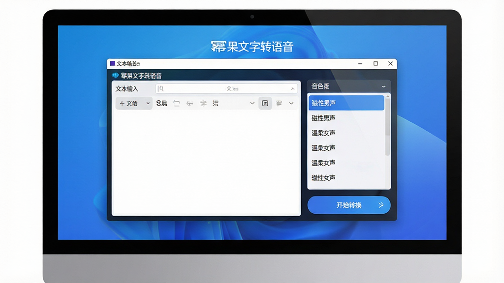 主体:幂果文字转语音软件界面展示,电脑屏幕显示软件主界面,左侧为文本输入区,右侧为音色选择列表和播放控制按钮,背景为简洁的渐变蓝色。布局:居中构图,软件界面完整可见,四周留白。排版:界面元素排列整齐,文字清晰。风格:现代科技感,UI设计简洁大气。细节:屏幕中显示“幂果文字转语音”字样,音色列表有“磁性男声”“温柔女声”等选项,底部有“开始转换”按钮。画质:高清渲染,细节丰富,干净无多余元素。
