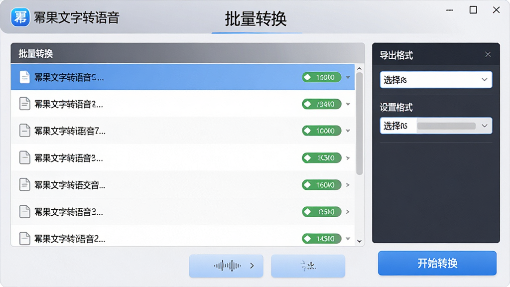 主体:幂果文字转语音的批量处理界面,显示多个文本文件列表,每个文件旁有转换状态图标,右侧有导出格式选择框。布局:左右结构,左侧文件列表,右侧设置面板。排版:列表清晰,按钮醒目。风格:商务简约风。细节:顶部有“批量转换”标题,底部有“开始转换”按钮,界面显示“幂果文字转语音”Logo。画质:高清,无多余元素。