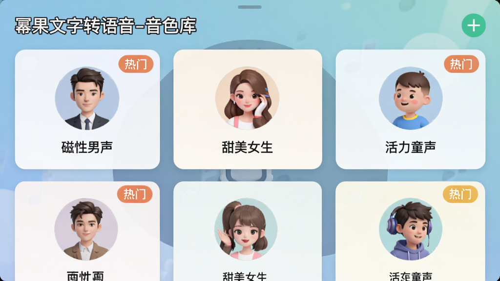 主体:幂果文字转语音的音色选择界面,展示多个音色卡片,每个卡片上有头像和名称,如“磁性男声”“甜美女生”“活力童声”。布局:网格排列,卡片均匀分布。排版:卡片大小一致,文字居中。风格:扁平化设计,色彩柔和。细节:顶部标题“幂果文字转语音-音色库”,部分卡片标注“热门”标签。画质:高清,界面干净整洁。