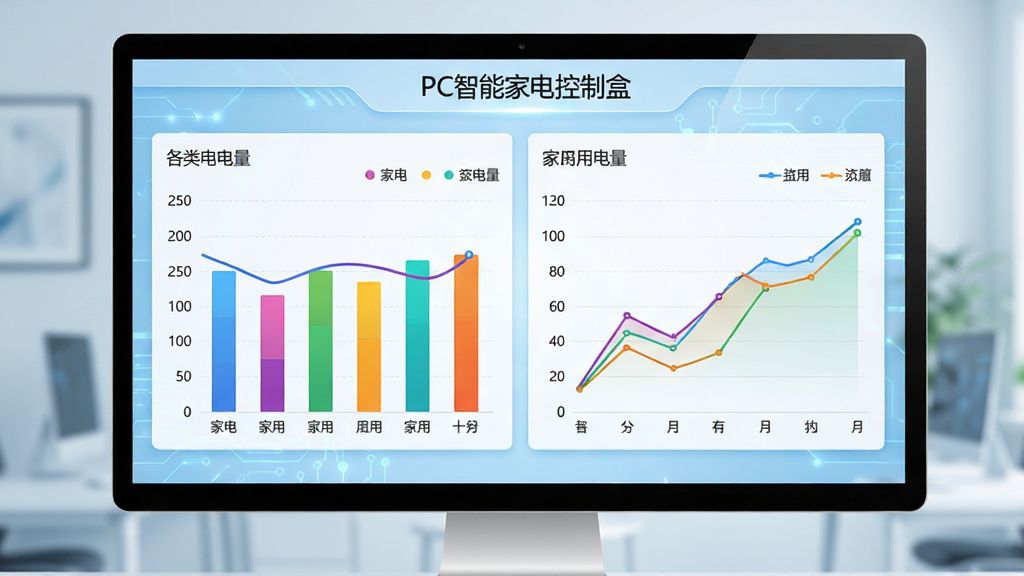 电脑屏幕显示“PC智能家电控制盒”的能耗统计界面,界面中有柱状图和折线图,展示各类家电的用电量数据,背景为浅蓝色科技感风格,图表色彩丰富,布局整洁,数据清晰,画质高清,干净无多余元素