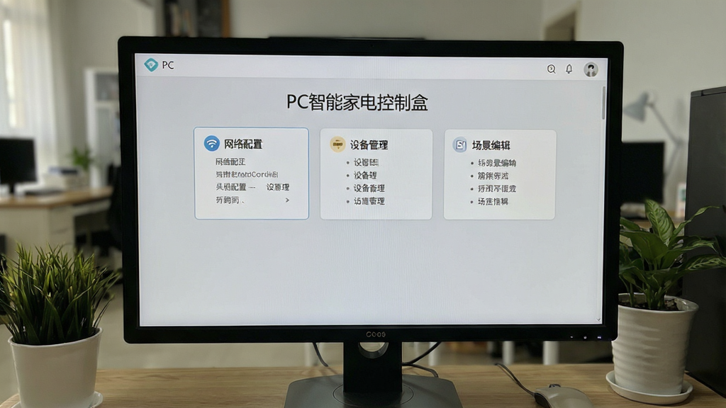 电脑屏幕显示“PC智能家电控制盒”的设置页面,页面中有网络配置、设备管理、场景编辑等选项,背景为浅灰色,界面布局清晰,风格简洁,画质干净,细节丰富
