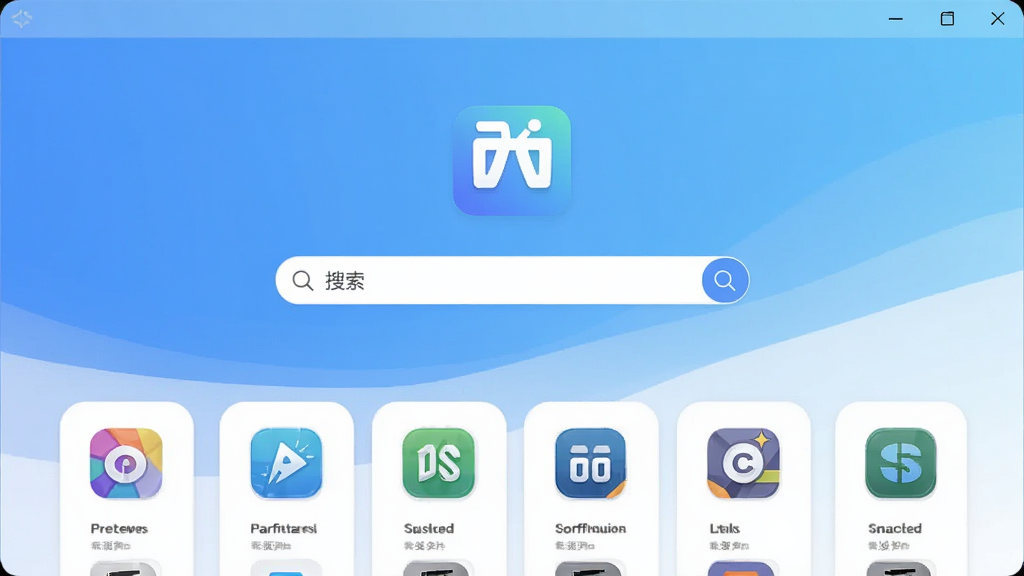 西西软件盒主界面预览图,整体采用蓝白渐变背景,界面中央展示软件Logo与搜索框,下方排列整齐的软件图标卡片,布局清晰,风格现代简约,细节圆润,高清画质,干净无多余元素