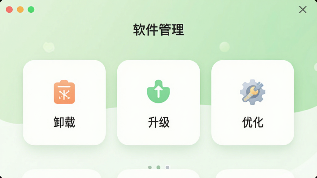 西西软件盒软件管理功能预览图,界面展示类似手机助手的“软件管理”页面,包含“卸载”、“升级”、“优化”三个功能卡片,背景为淡绿色清新风格,卡片圆角设计,布局规整,风格清爽,画质细腻,干净无多余元素