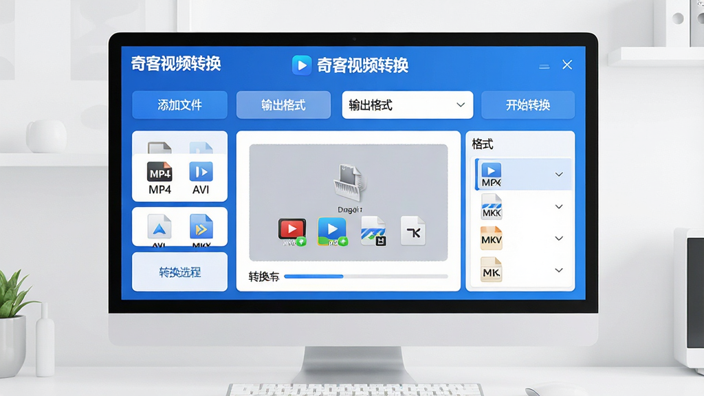 主体:电脑屏幕前展示奇客视频转换软件界面,界面中央有视频文件拖拽区域和格式选择列表,背景简洁明亮。布局:主界面占据画面中心,左右两侧分布功能按钮排列整齐。排版:界面采用卡片式布局,顶部为软件名称“奇客视频转换”Logo,下方依次排列“添加文件”“输出格式”“开始转换”按钮。风格:现代扁平化设计,色彩以蓝色和白色为主,清新专业。细节:界面中显示MP4、AVI、MKV等格式图标,转换进度条清晰可见。画质:超高清4K渲染,画面干净无多余元素。