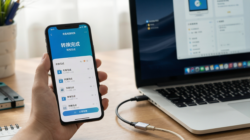 主体:用户正在使用手机版奇客视频转换,手机屏幕上显示转换完成界面,旁边有电脑同步数据。布局:手机居左,电脑居右,背景为工作台。排版:手机界面清晰显示“转换完成”字样和文件列表。风格:生活化场景,光线柔和。细节:手机与电脑之间用数据线连接,表示文件传输。画质:高清写实,干净无多余元素。