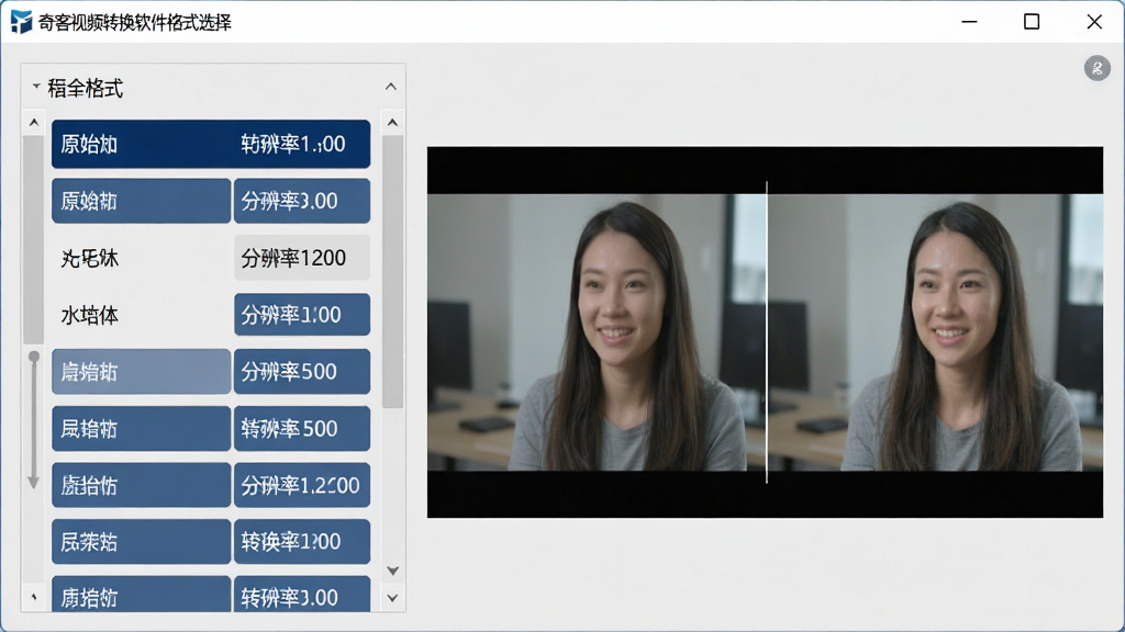主体:奇客视频转换软件格式选择界面,左侧列出视频格式列表,右侧显示预览窗口。布局:左右分栏结构,左侧为格式列表,右侧为预览画面。排版:格式列表以滚动条形式呈现,每行包含格式名称和分辨率选项。风格:简洁商务风格,背景浅灰,文字深蓝。细节:预览窗口播放测试视频,显示原始画质与转换后画质对比。画质:高清细腻,画面干净无多余元素。