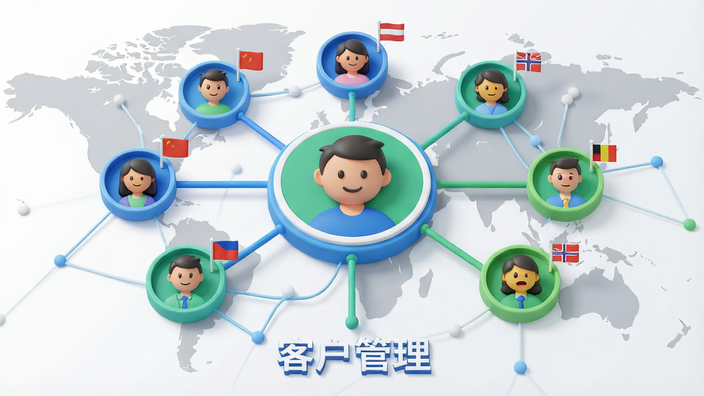 主体:一个3D立体的客户关系管理界面,中心是一个圆形的大客户头像,周围环绕着多个小客户头像和连接线,代表客户关系的网络。布局:圆形客户网络位于画面中央,背景是浅灰色的世界地图轮廓。排版:客户头像大小有序,连接线清晰流畅,下方有“客户管理”字样。风格:扁平化与3D结合,色彩清新明快,以蓝色和绿色为主。细节:每个头像旁有一个小旗帜表示国家,头像上有表情符号,整体界面干净整洁。画质:高分辨率,渲染细腻,无多余装饰元素。