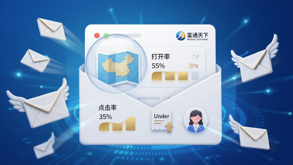 主体:一封正在发送的电子邮件放大展示,邮件纸面上有地图、订单和客户图标,周围有飞翔的信封图标。布局:邮件主体位于画面中央,左右两侧有立体信封飞出,背景为科技感的光效。排版:邮件内容以图表形式展现,包括打开率、点击率数据条。风格:商务科技风,蓝色渐变背景,白色邮件卡片,金色数据高亮。细节:邮件右上角有“富通天下”标志,信封上有翅膀。画质:光影效果突出,细节精致,画面干净。