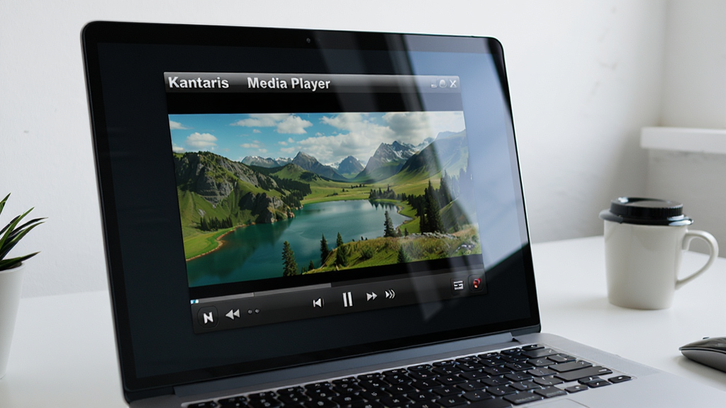 展示Kantaris Media Player播放器在笔记本电脑上运行的场景,画面中播放器界面清晰可见,屏幕显示一部高清自然风光纪录片,布局为电脑屏幕特写,周围是简约的办公桌环境。风格为写实摄影风格,细节上屏幕有反光效果,画质为4K超清,干净明亮。