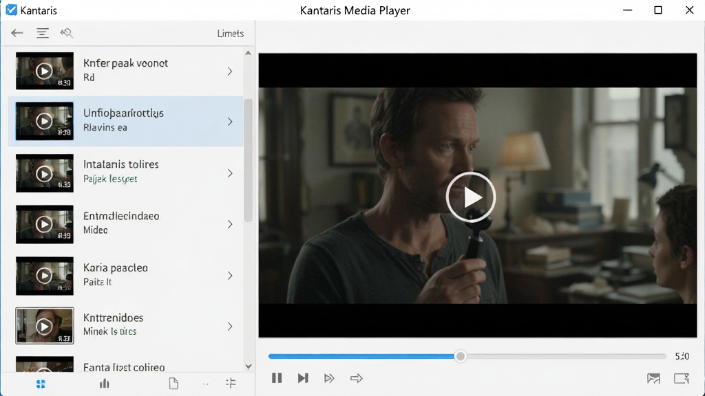 展示Kantaris Media Player软件的播放列表界面,左侧为视频列表区域,右侧为正在播放的影片画面。布局为左右结构,列表区域有多个视频文件名称和缩略图,整体风格为简洁的浅色系界面,细节上播放进度条有蓝色高亮,画质干净清晰。