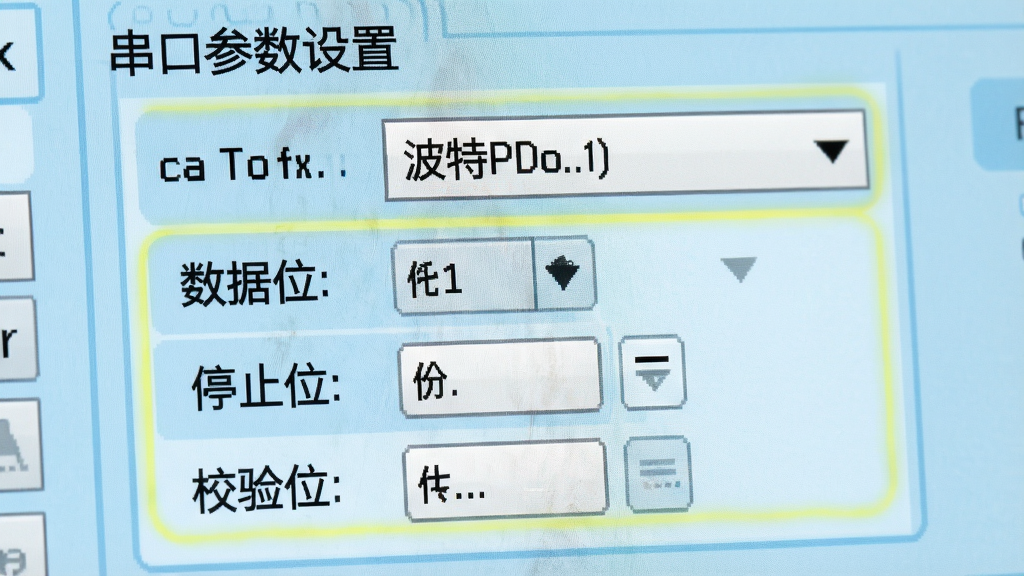 主体:串口参数设置界面特写,展示波特率下拉菜单、数据位选择、停止位、校验位选项,参数配置区域高亮显示,背景为浅蓝色,界面风格简洁,文字清晰,画质细腻,干净无多余元素