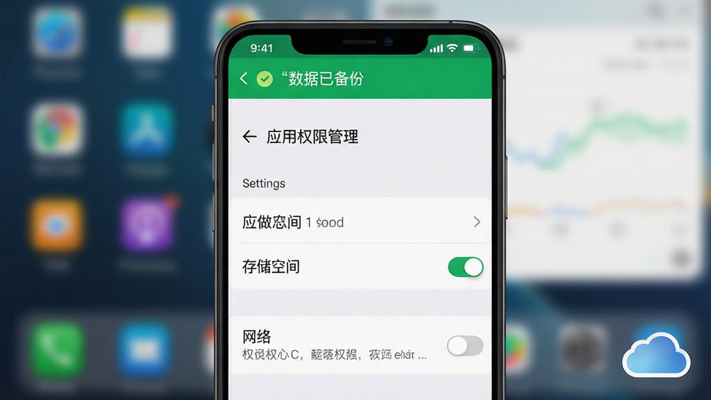 主体:一张“享做思维”软件在手机后台运行的截图,屏幕上方有“数据已备份”的绿色提示条;布局:手机屏幕居中,背景是模糊的桌面,前景是系统设置中的“应用权限管理”界面,其中“存储空间”和“网络”权限开关处于开启状态;排版:提示条文字清晰,权限列表排列整齐;风格:系统级UI风格,简洁明了;细节:图片右下角有一个云朵图标,代表云同步;画质:清晰,干净,无多余元素。