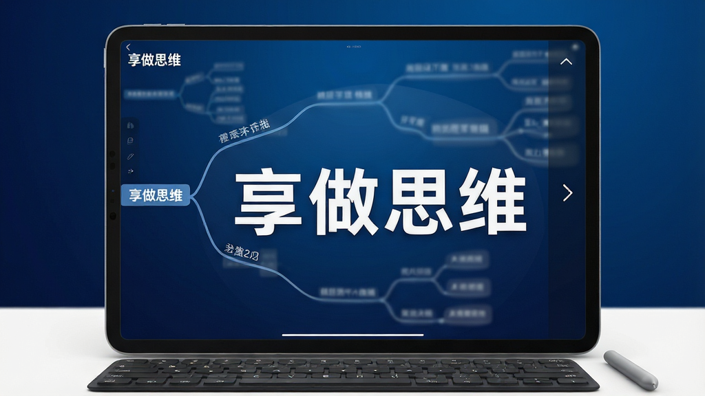 主体:一张“享做思维”软件在平板电脑上进行全屏演示的图片,画面中导图的一个主要分支被放大突出显示,其余分支半透明模糊处理;布局:平板横屏放置,画面左侧是清晰的导图分支文字,右侧有简洁的翻页箭头;排版:被放大的分支文字居中,字体粗壮清晰;风格:商务演示风格,背景为深蓝色渐变,文字为白色高亮;细节:平板下方有配套的键盘和触控笔,暗示专业演示场景;画质:高对比度,画质细腻,干净,无多余元素。