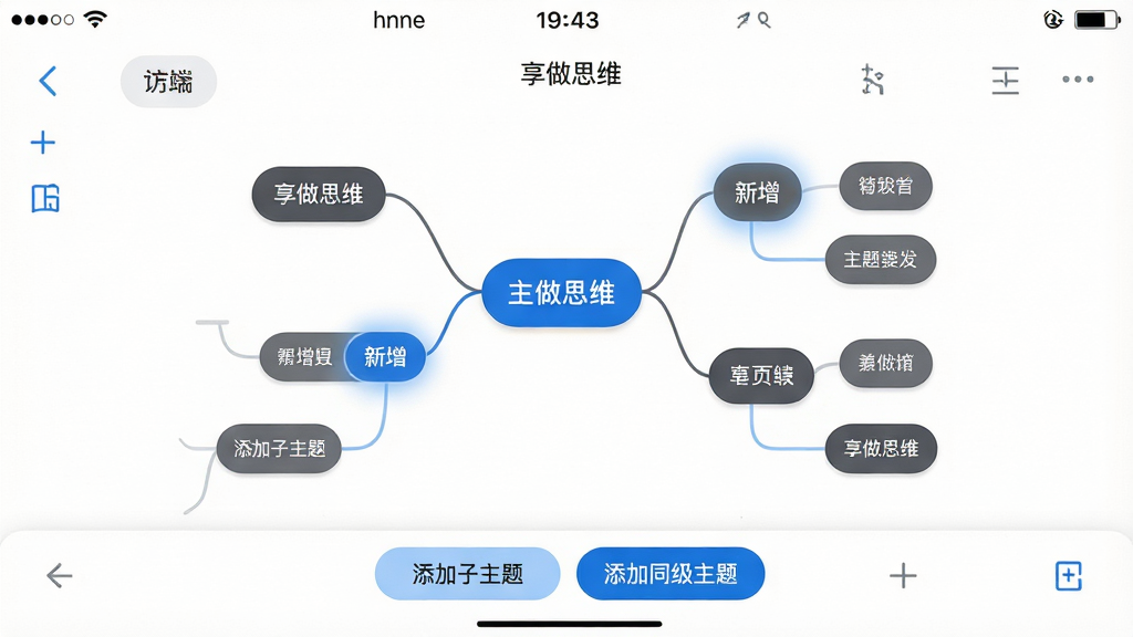 主体:一张“享做思维”软件的手机端编辑界面截图,画面中心是正在编辑的导图,一个主节点下延伸出多个子节点,其中两个子节点周围有淡淡的蓝色光晕表示“新增”;布局:手机界面居中展示,导图分支向左右两侧舒展,底部工具栏清晰可见;排版:节点文字为深灰色,字体清晰,线条圆润流畅;风格:清新简约的UI设计风格,背景为白色,按钮使用品牌蓝色;细节:屏幕顶部状态栏显示时间,底部分别有“添加子主题”和“添加同级主题”两个高亮按钮;画质:精细的屏幕显示效果,细节锐利,干净,无多余元素。